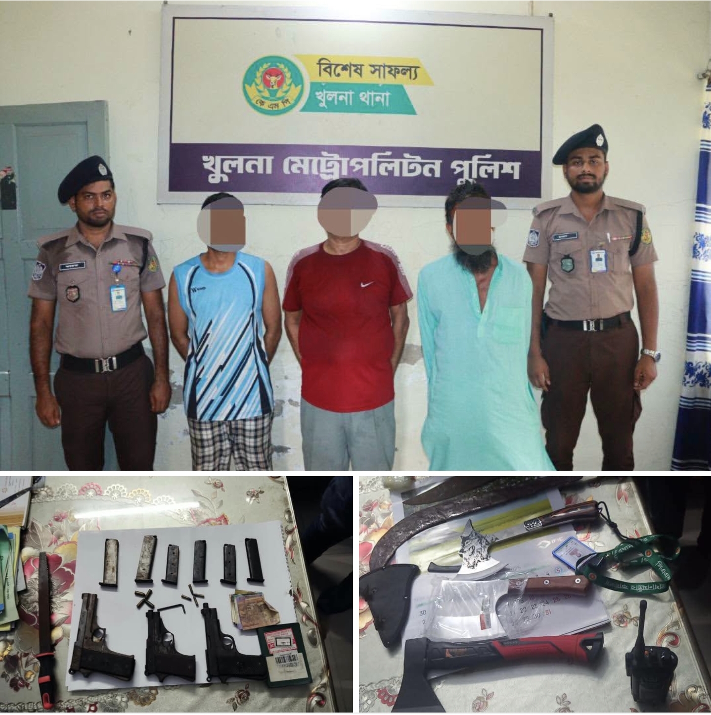 টুটপাড়ার দারোগাপাড়া এলাকা থেকে ৩ বিদেশি পিস্তলসহ ও বিপুল অস্ত্র উদ্ধার:আটক ৪